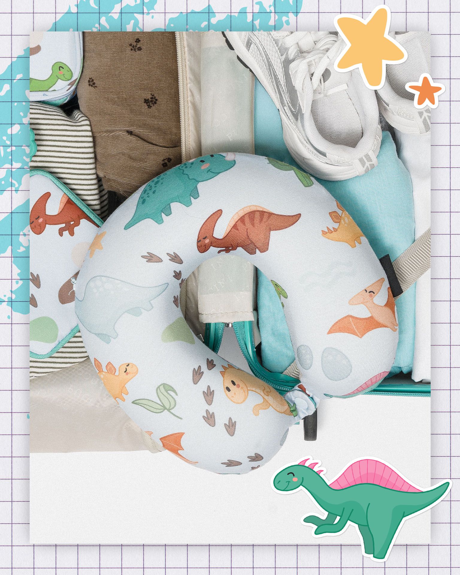 Дитяча подушка для подорожей блакитні динозаври