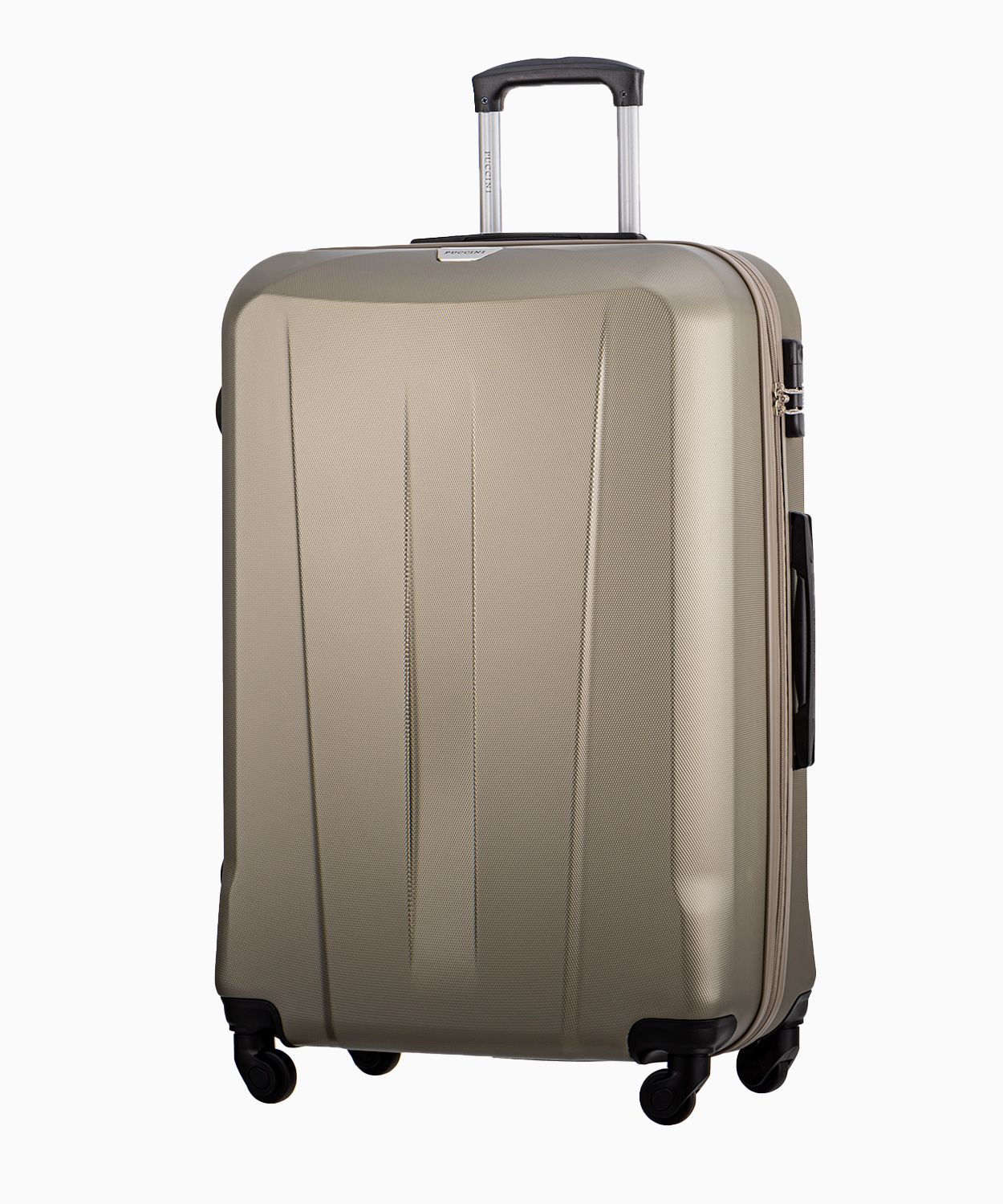 Велика валіза шампанського кольору на чотирьох колесах 