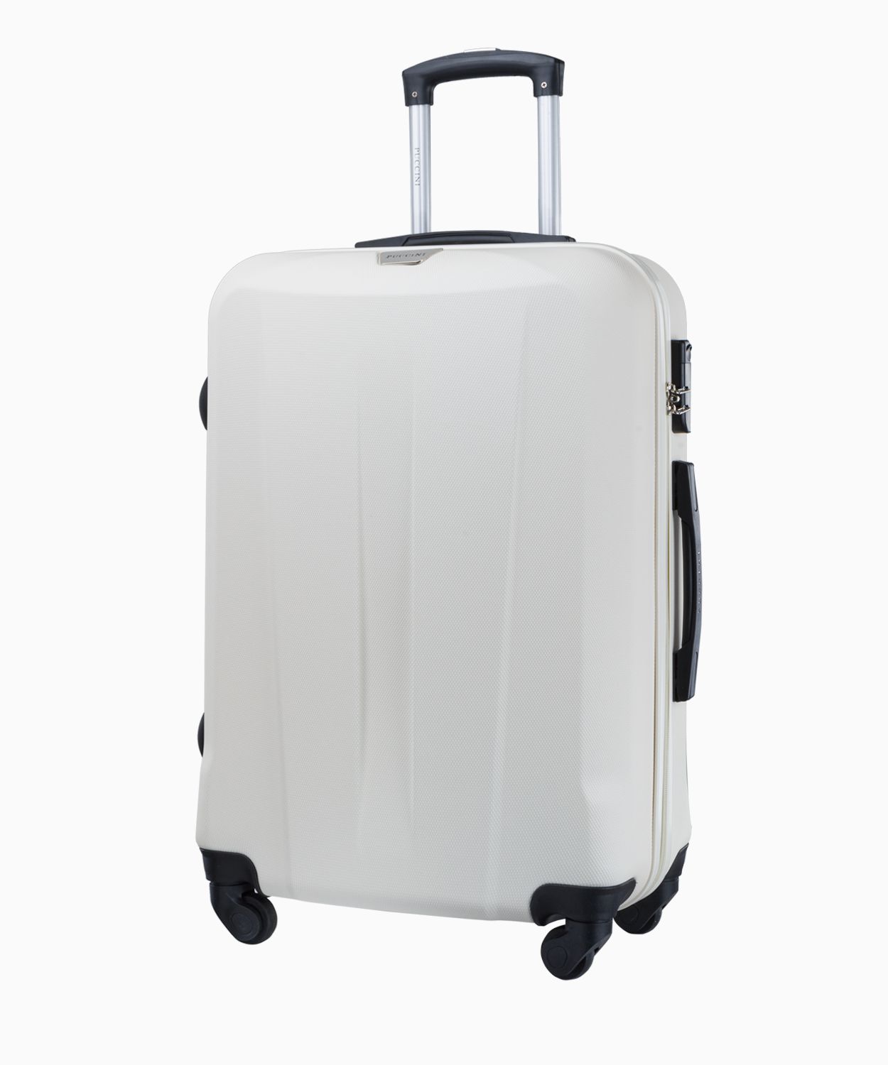 Біла середня валіза на чотирьох колесах 