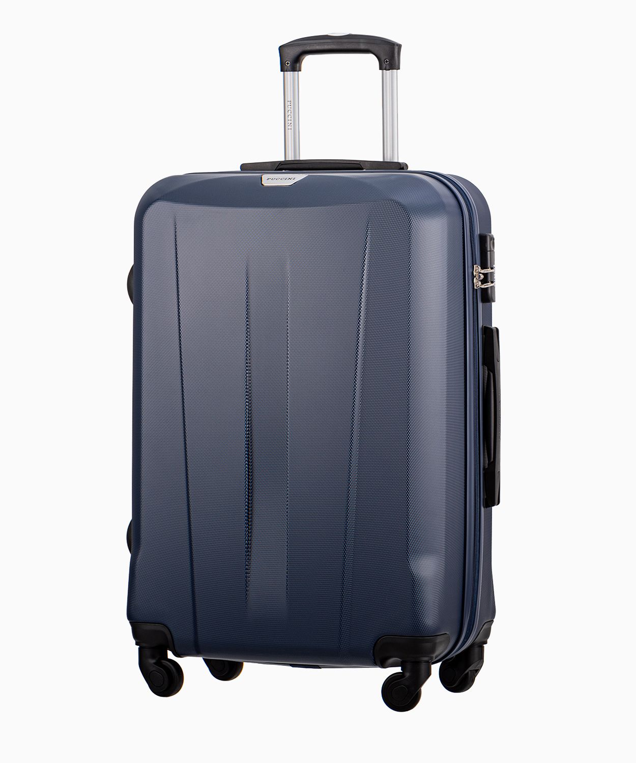 Темно-синя середня валіза на чотирьох колесах 