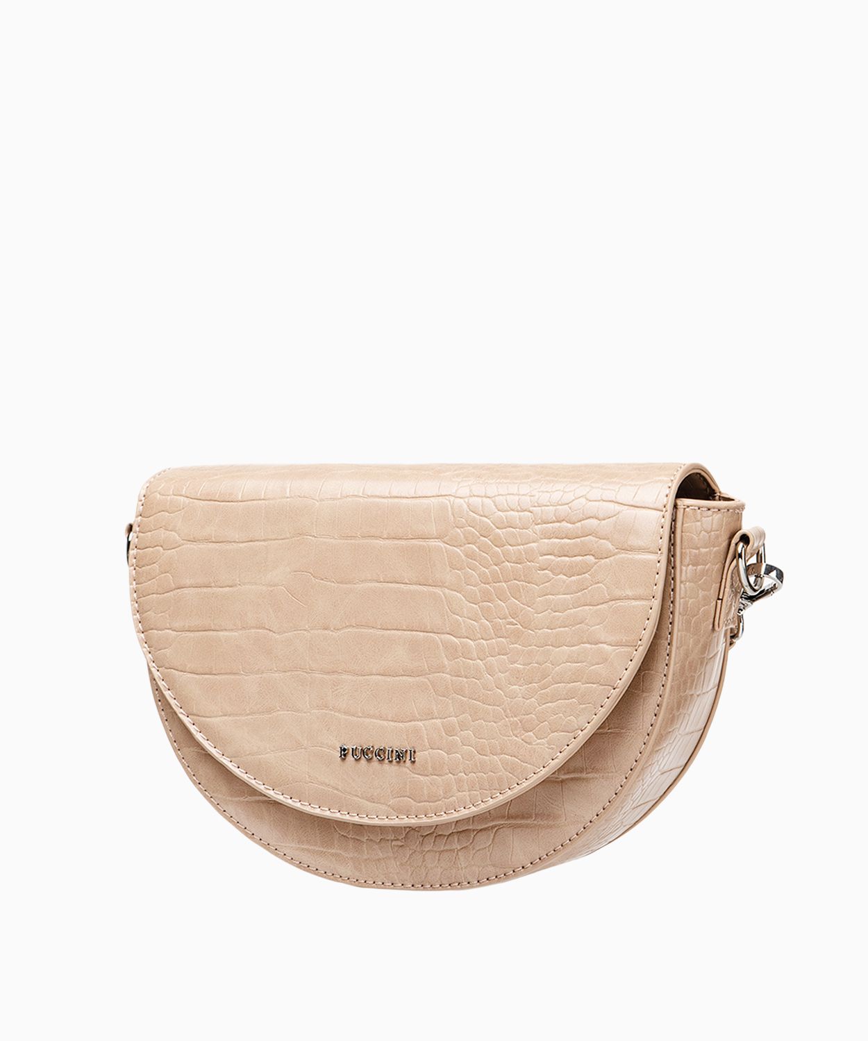 Жіноча бежева сумка-півмісяць на широкому ремінці