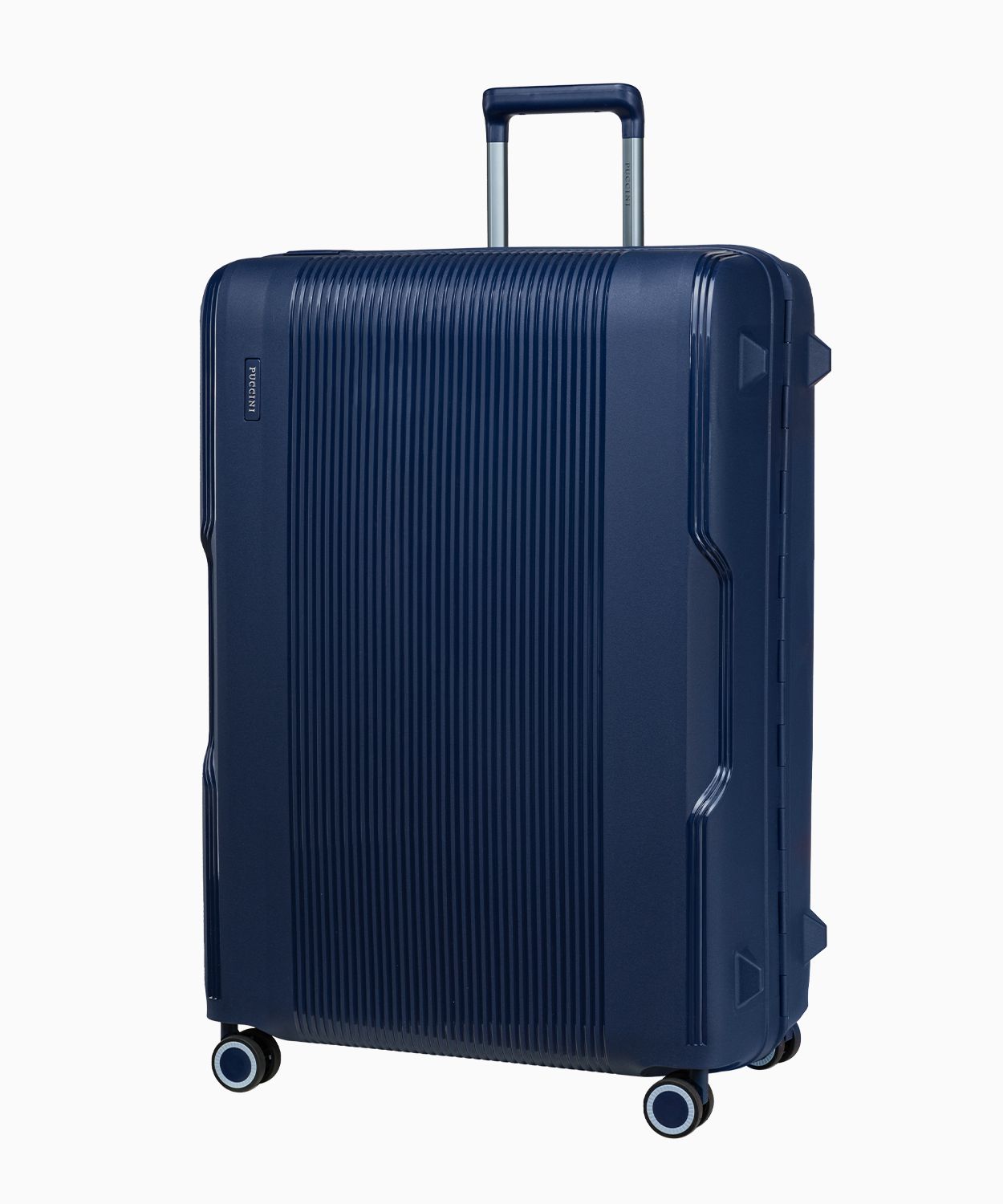 Велика темно-синя валіза закрита на пряжки