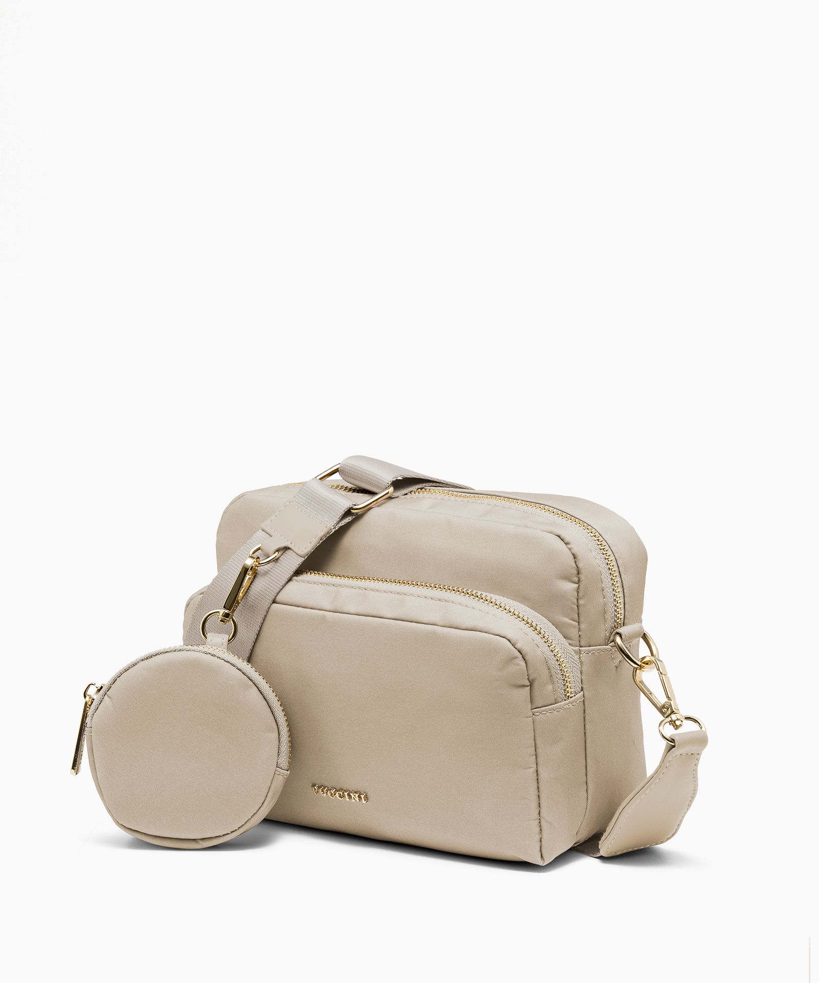 Сумка на широкому ремінці з сумкою бежевого кольору