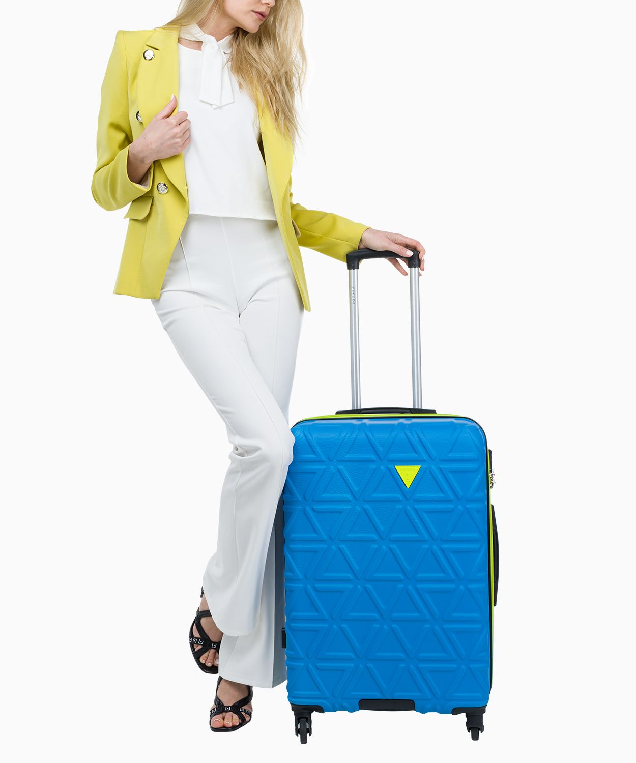 Середня синя валіза з контрастною обробкою