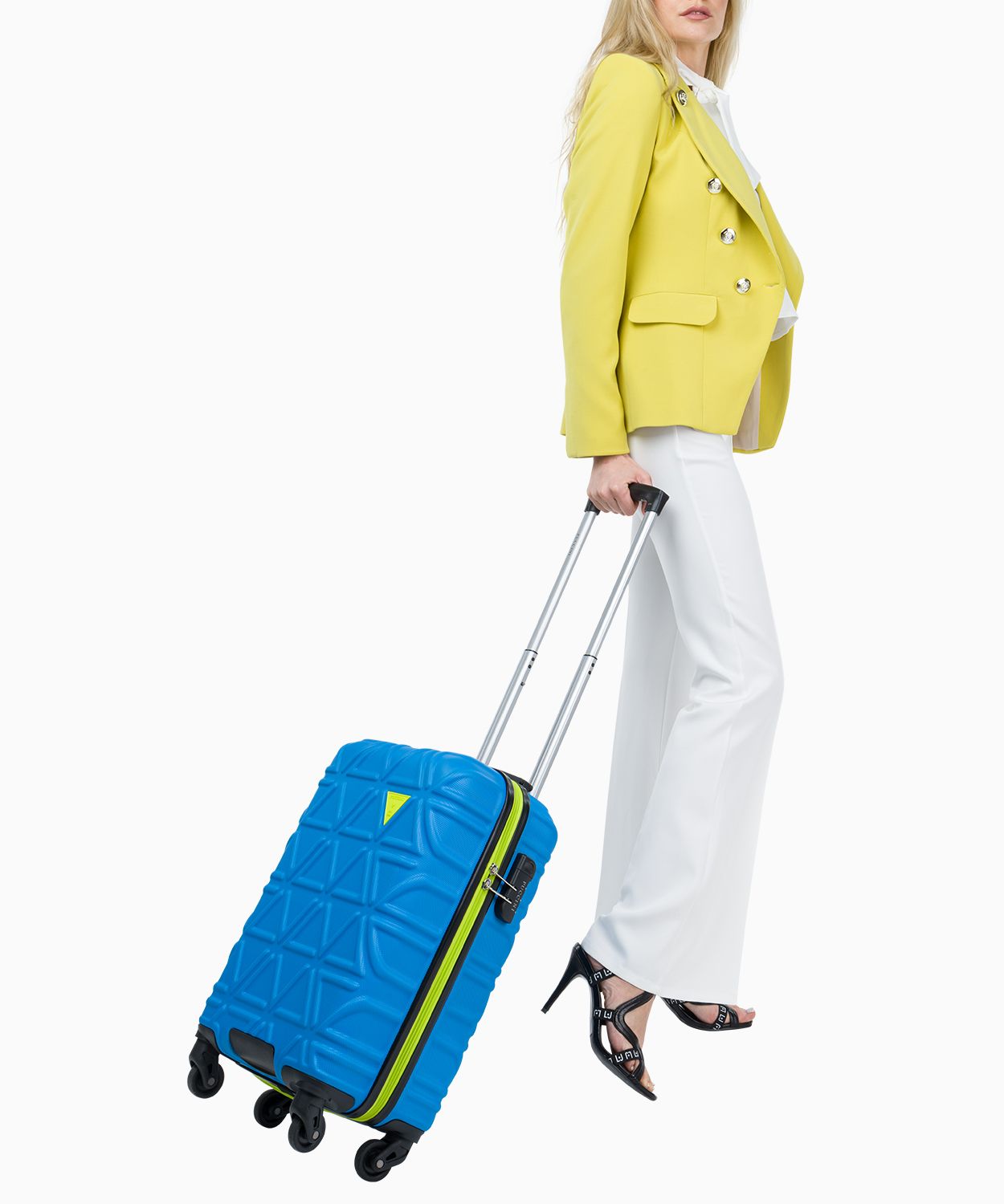 Синя валіза ручної поклажі з контрастною обробкою