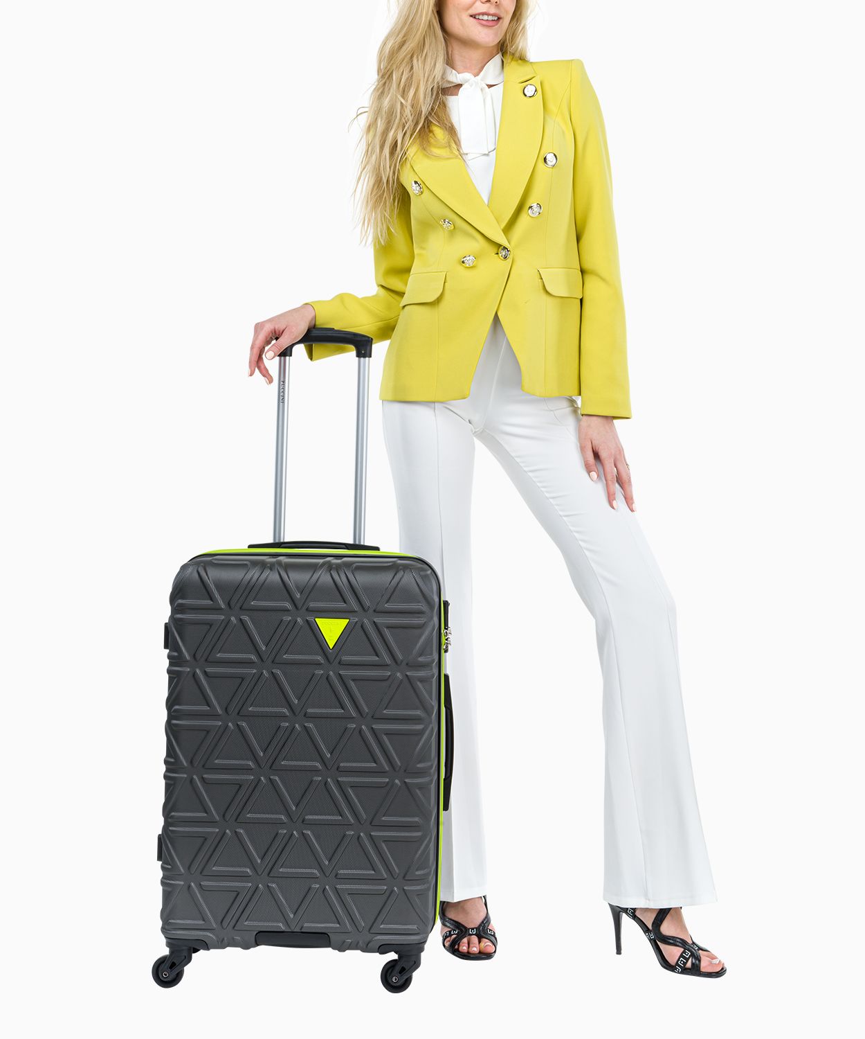 Середня сіра валіза з контрастною обробкою