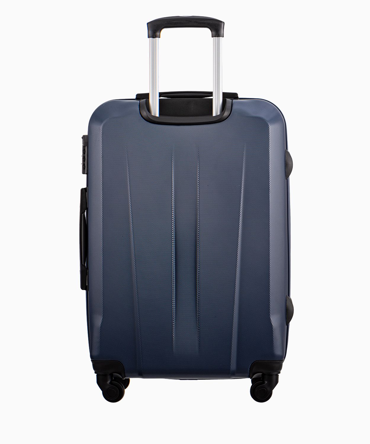 Темно-синя середня валіза на чотирьох колесах 
