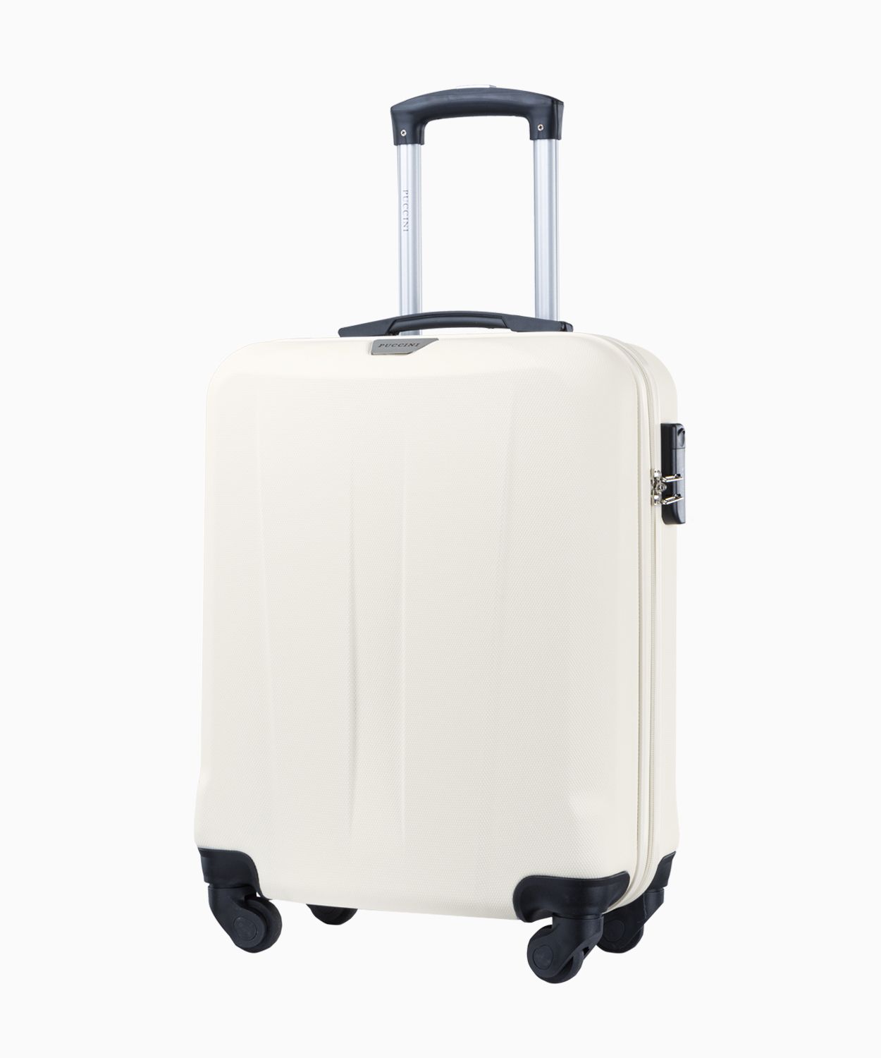 Біла валіза ручної поклажі на чотирьох колесах