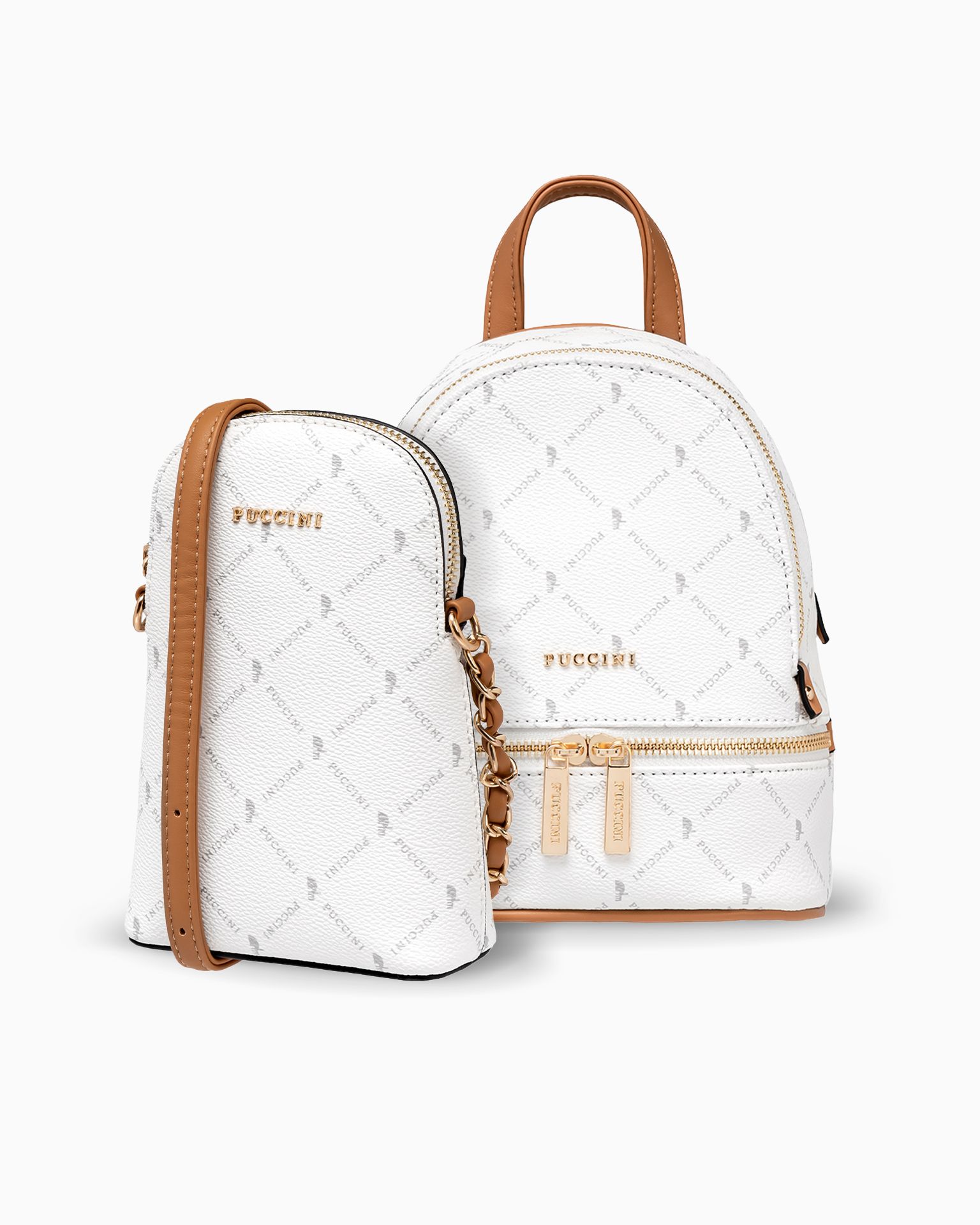 Набір жіночий рюкзак + сумка для телефону біла монограма