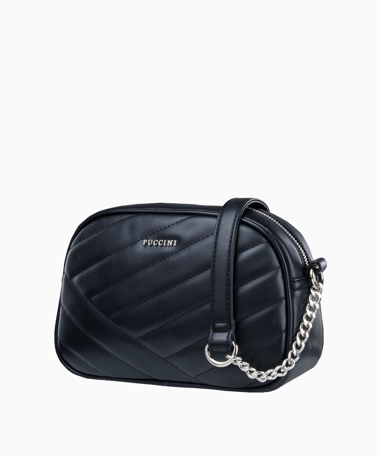 Чорна сумка з декоративною прострочкою на ланцюжках 