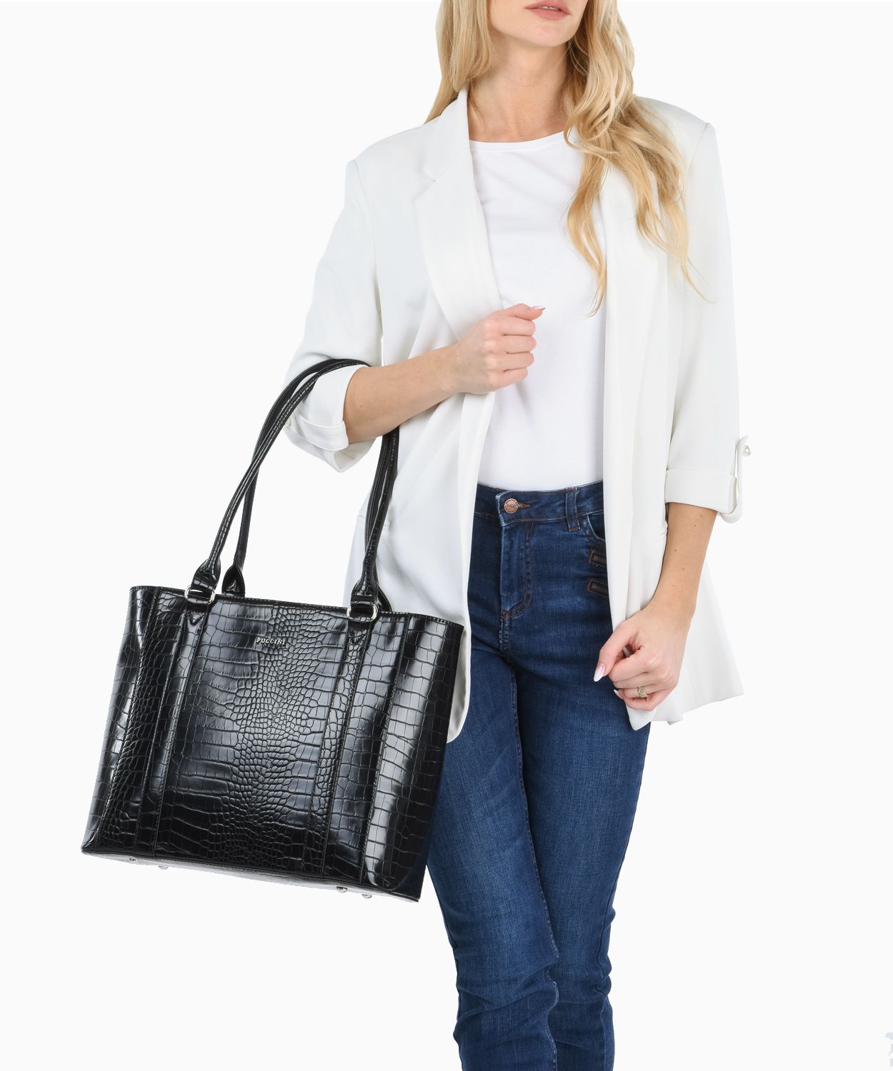 Чорний шоппер з лакованої екологічної шкіри крокко