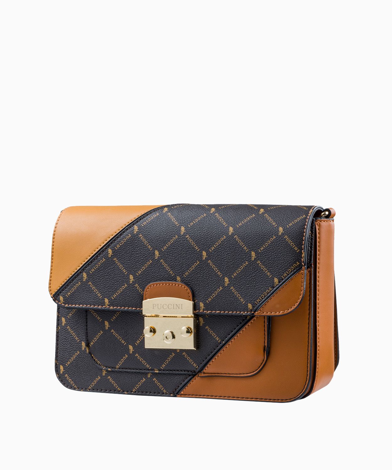 Коричнева сумка прикрашена брендовими логотипами