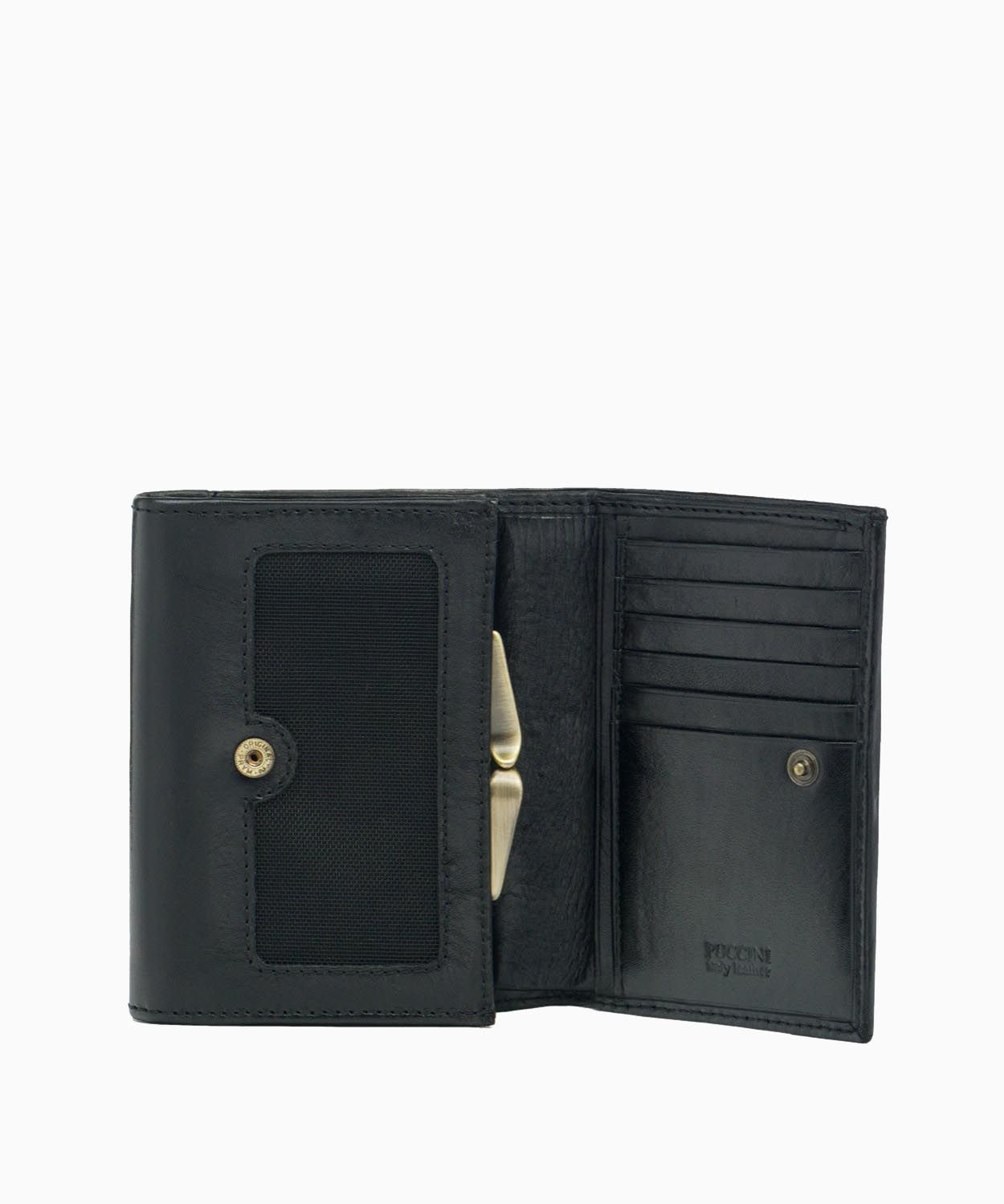 Класичний чорний шкіряний жіночий гаманець з кишенею, що закривається на гачок 