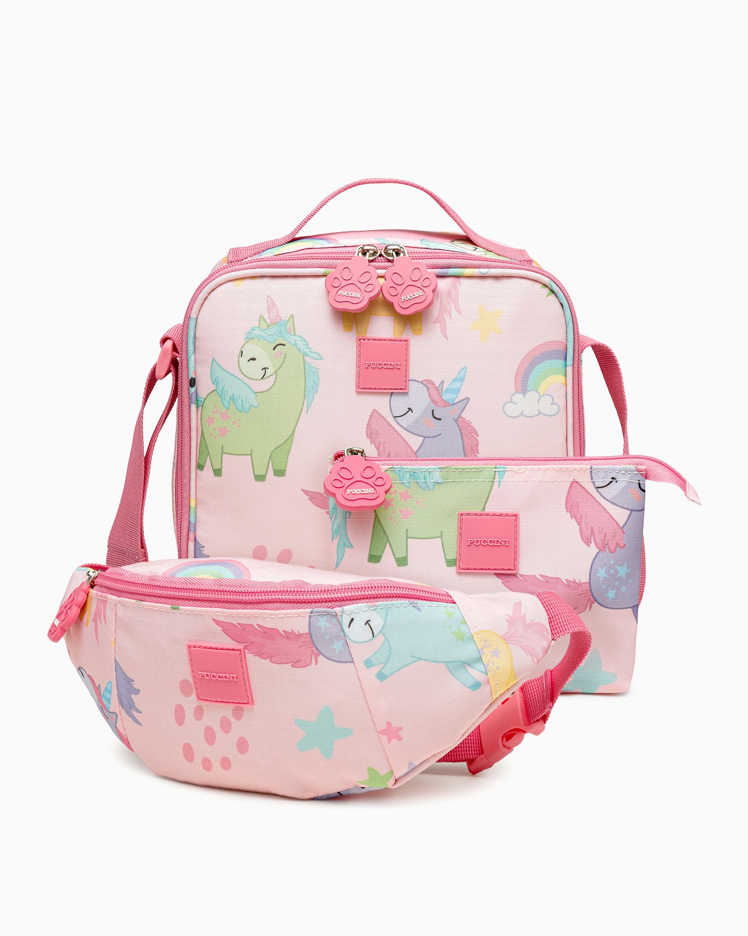 Набір торба на обід + косметичка + поясна сумка для дітей рожеві єдинороги