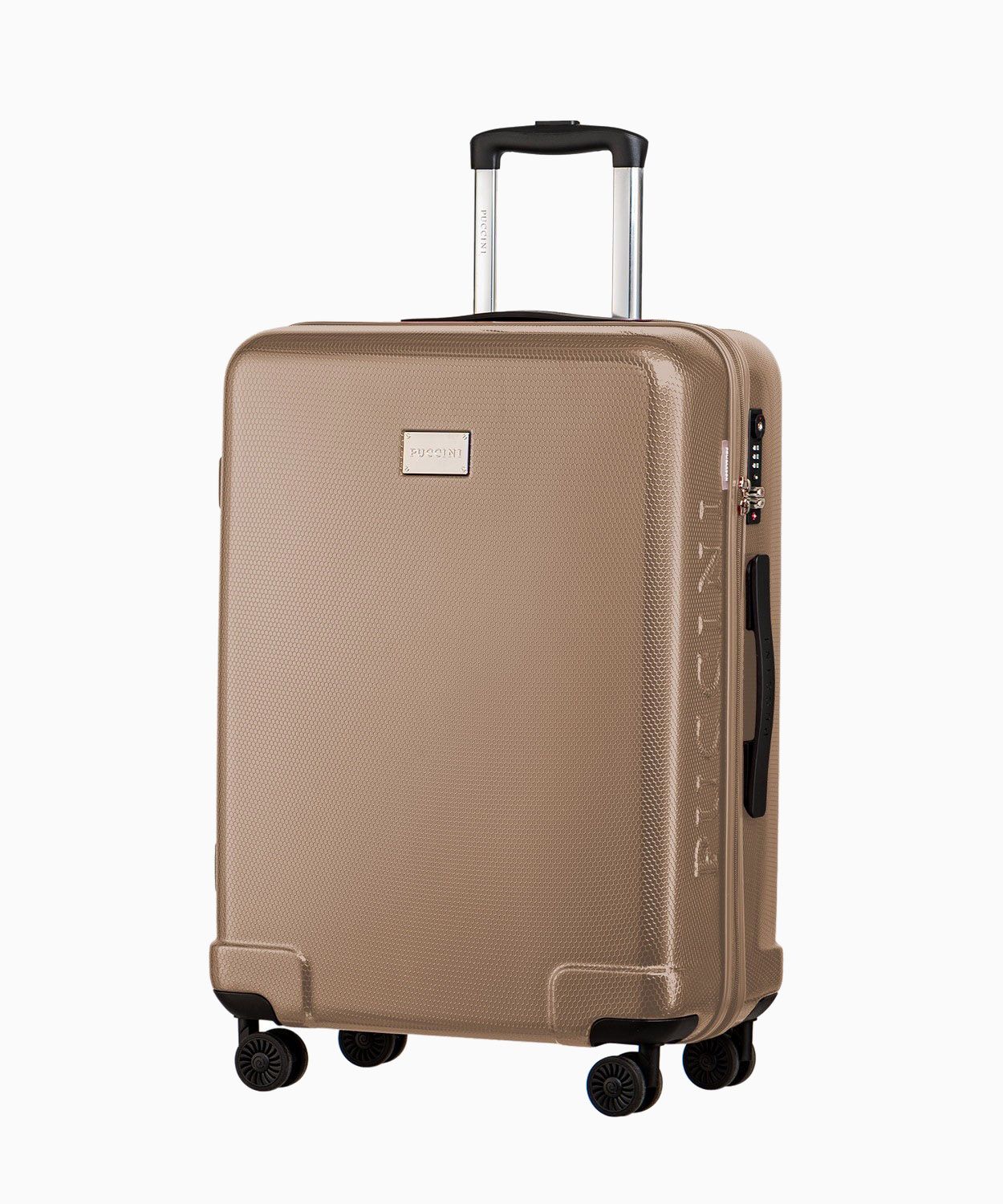 Середня тверда валіза шампанського кольору зі структурою медових сот